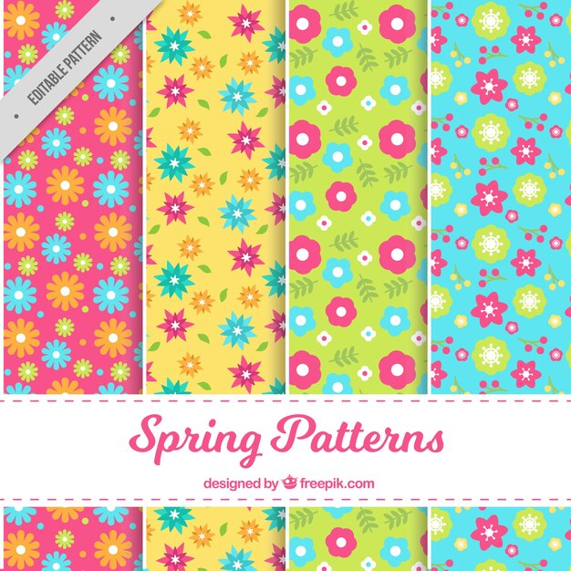 Set de cuatro patrones de primavera con flores bonitas en diseño plano