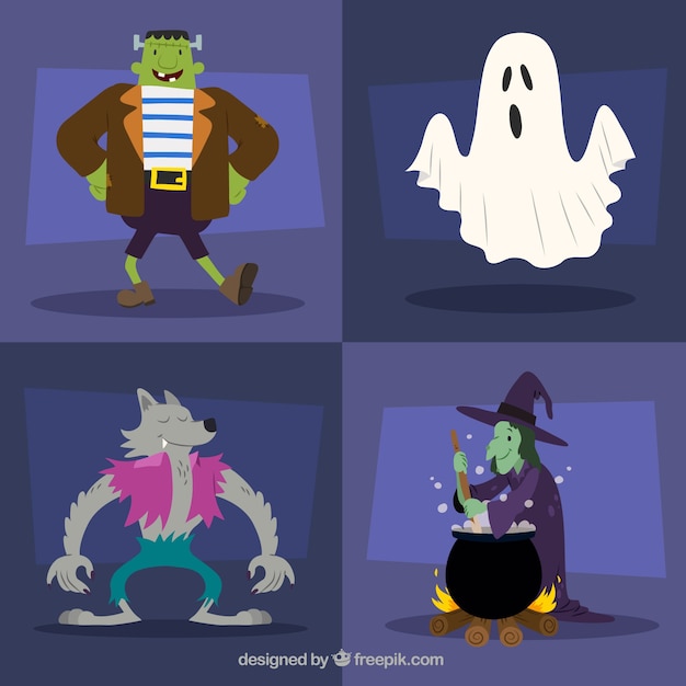 Vector gratuito set de cuatro personajes de halloween