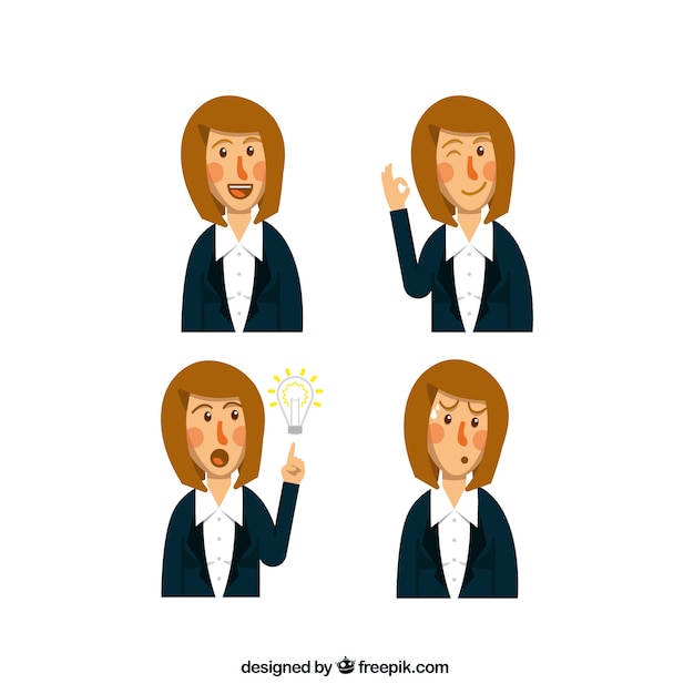 Vector gratuito set de cuatro personajes de mujer de negocios expresiva