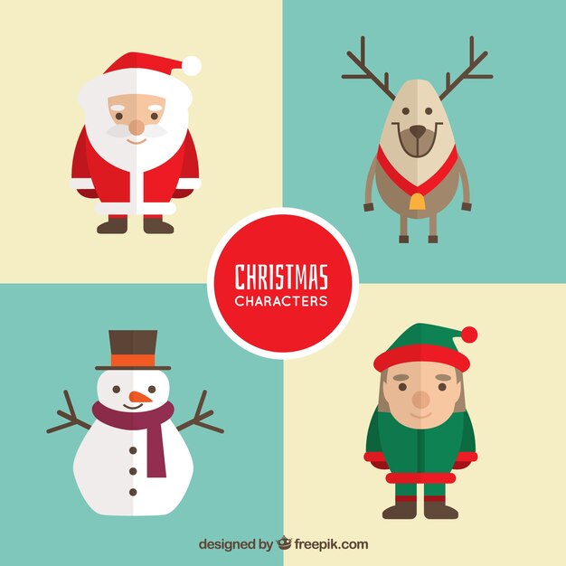 Set de cuatro personajes navideños en diseño plano