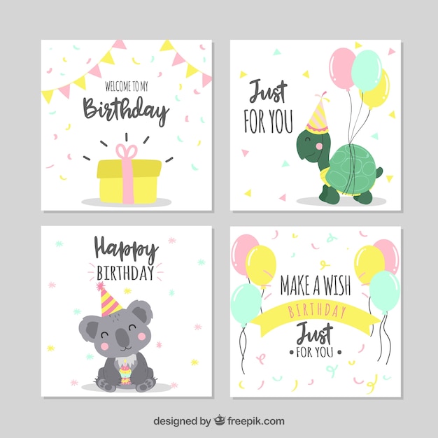 Vector gratuito set de cuatro tarjetas de cumpleaños dibujadas a mano