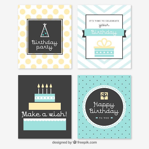 Vector gratuito set de cuatro tarjetas de cumpleaños en estilo vintage