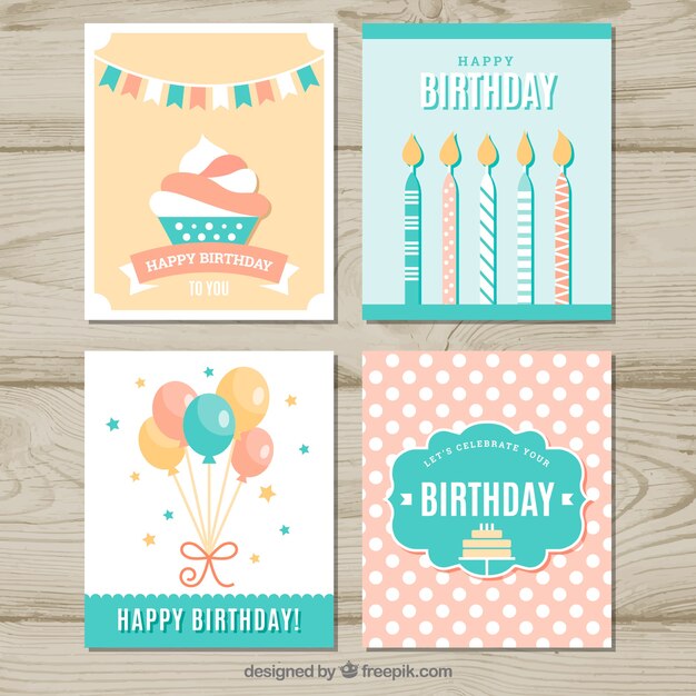 Set de cuatro tarjetas de cumpleaños en estilo vintage