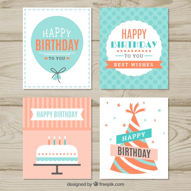 Set de cuatro tarjetas de cumpleaños en estilo vintage