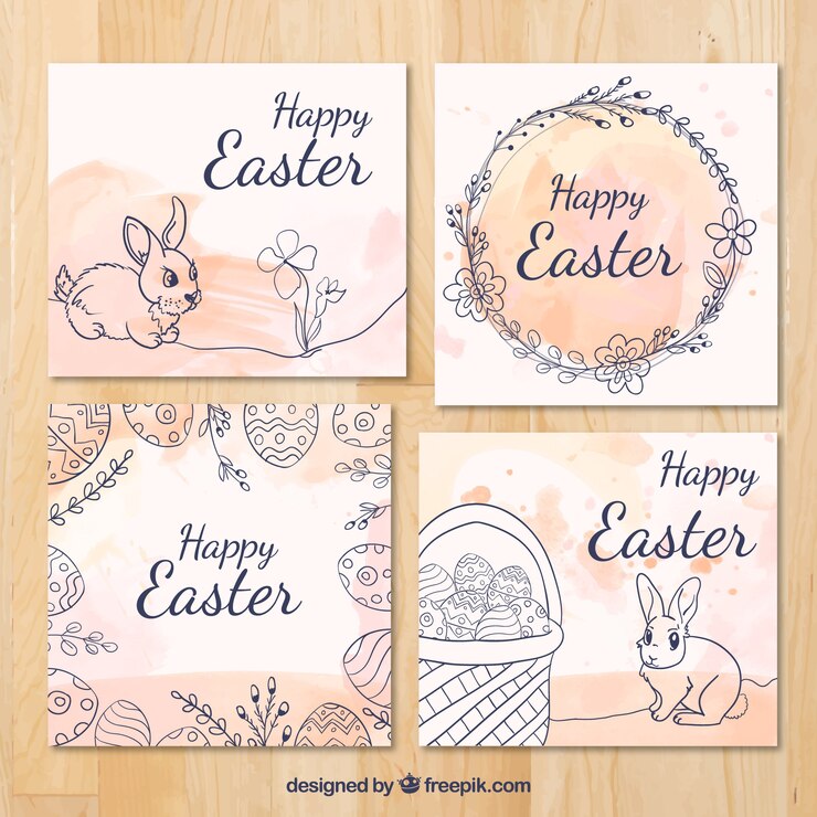 Vector gratuito set de cuatro tarjetas de felicitación de pascua con manchas de acuarela