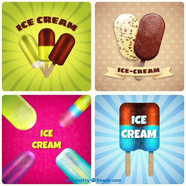 Set de cuatro tarjetas vintage con helados realistas