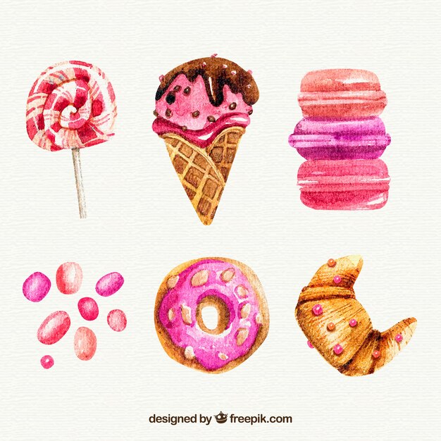 Set delicioso helado y pastelería de acuarela