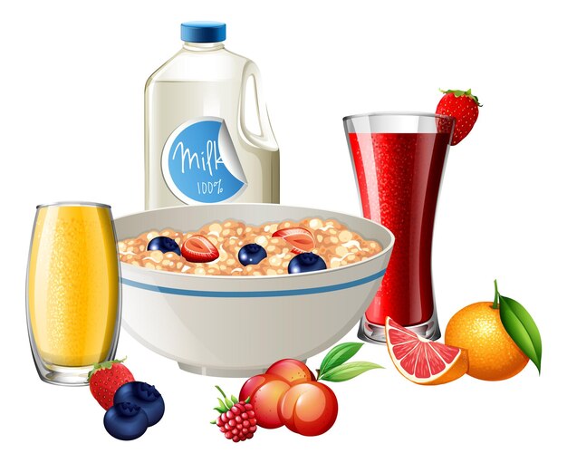 Set de desayuno con cereales y zumo de frutas y leche.