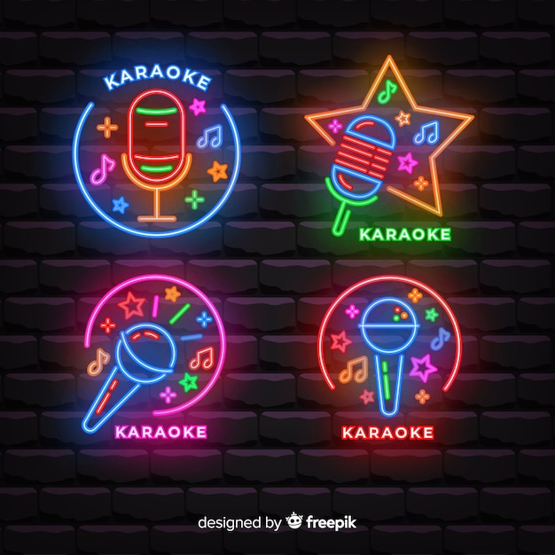 Set dibujado de luces de neón de local de karaoke