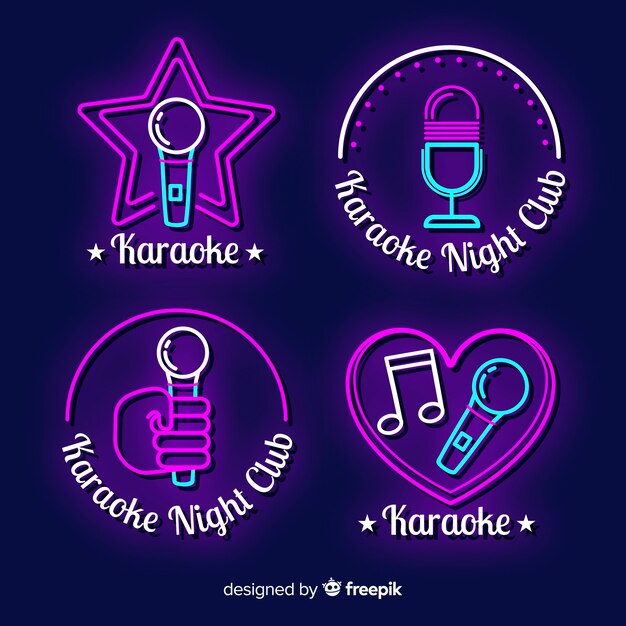 Set dibujado de luces de neón de local de karaoke