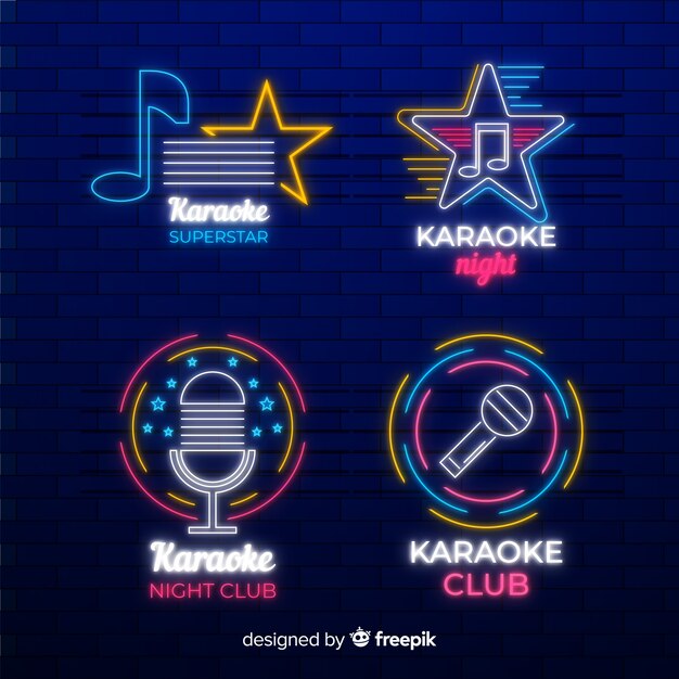 Set dibujado de luces de neón de local de karaoke