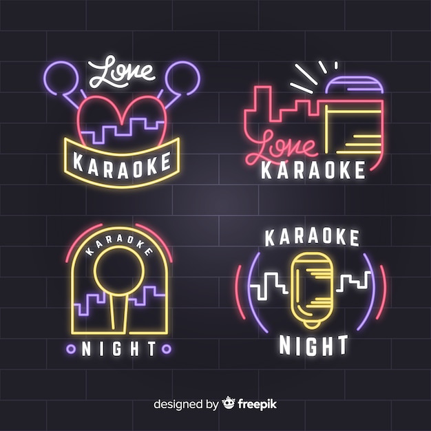 Set dibujado de luces de neón de local de karaoke