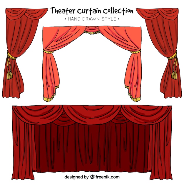 Set dibujado a mano de cortinas de teatro en tonos rojos