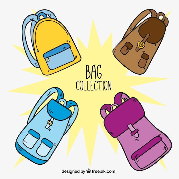 Set dibujado a mano de cuatro mochilas coloridas