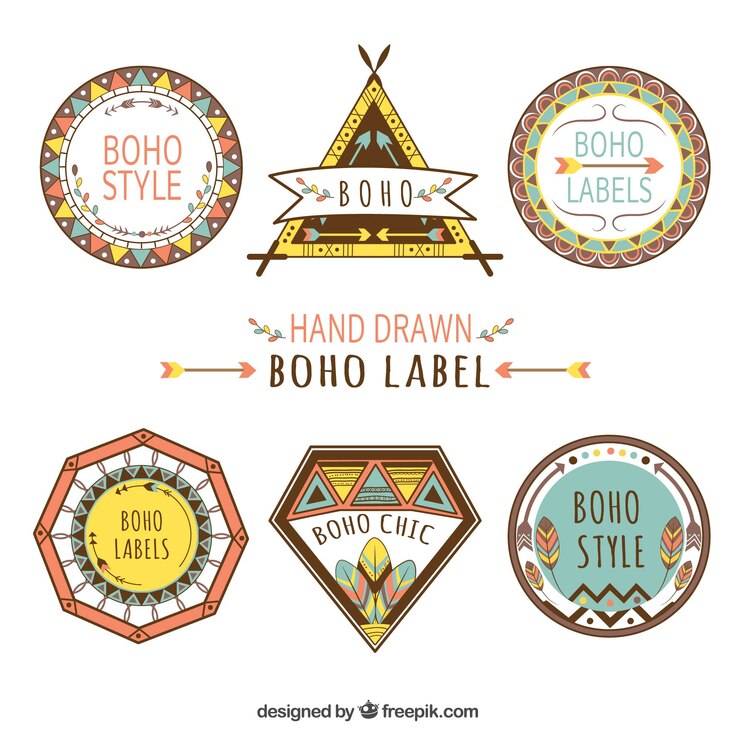 Vector gratuito set dibujado a mano de etiquetas de colores con elementos boho