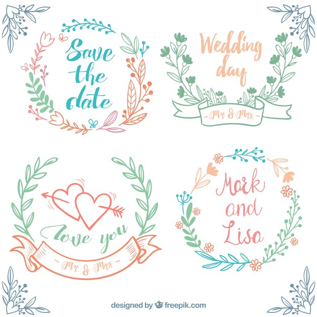 Set dibujado a mano de marcos de boda con decoración floral