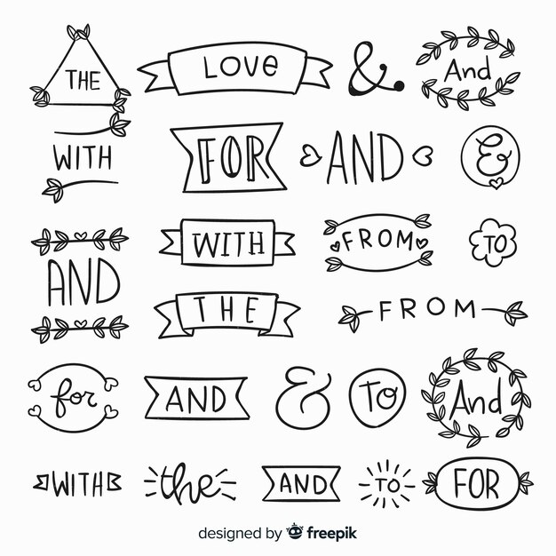 Set dibujado de palabras de boda