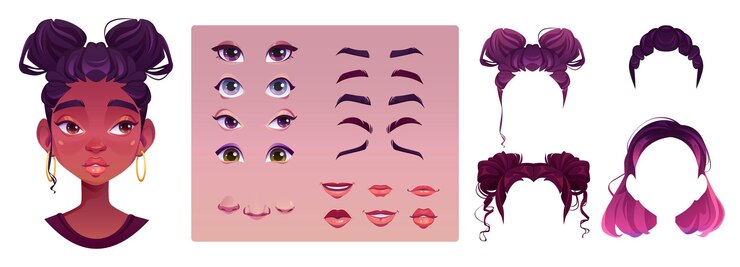 Vector gratuito set de dibujos animados de construcción de la cara de la mujer africana avatar