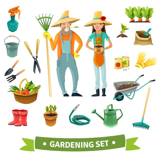 Vector gratuito set de dibujos animados de jardinería