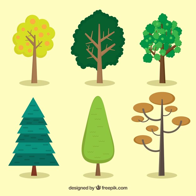 Set de diferentes árboles en diseño plano