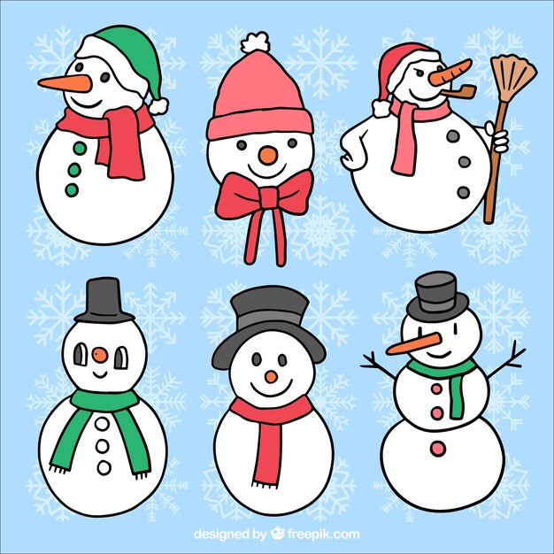 Set de diferentes muñecos de nieve dibujados a mano 