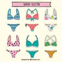 Vector gratuito set de divertidos bikinis dibujados a mano