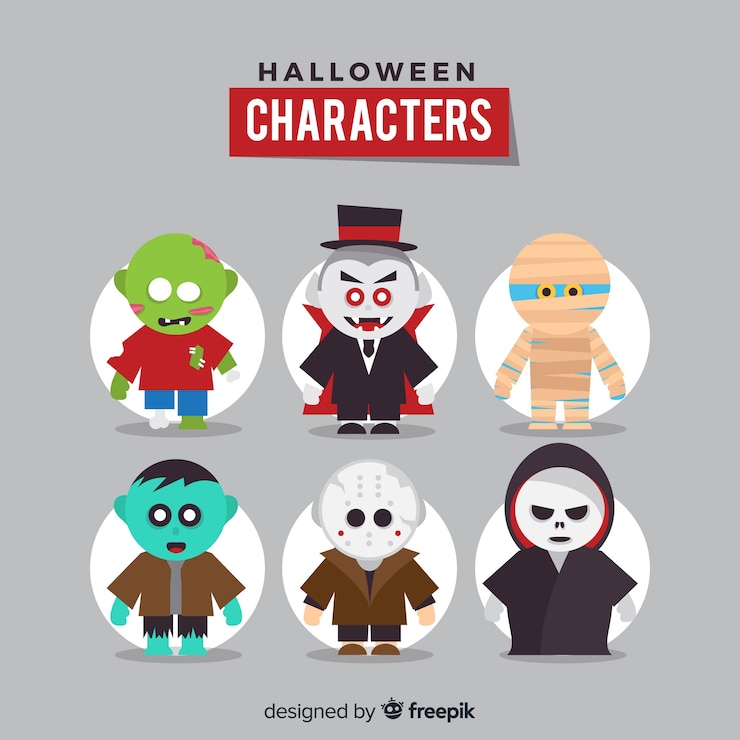 Vector gratuito set de divertidos personajes de halloween 