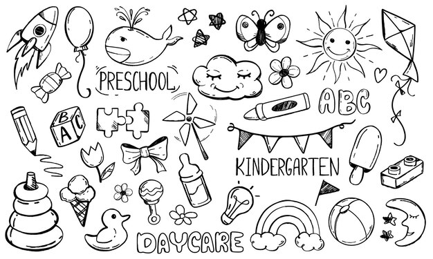 Set de doodle de guardería de niños y iconos de arte de línea preescolar