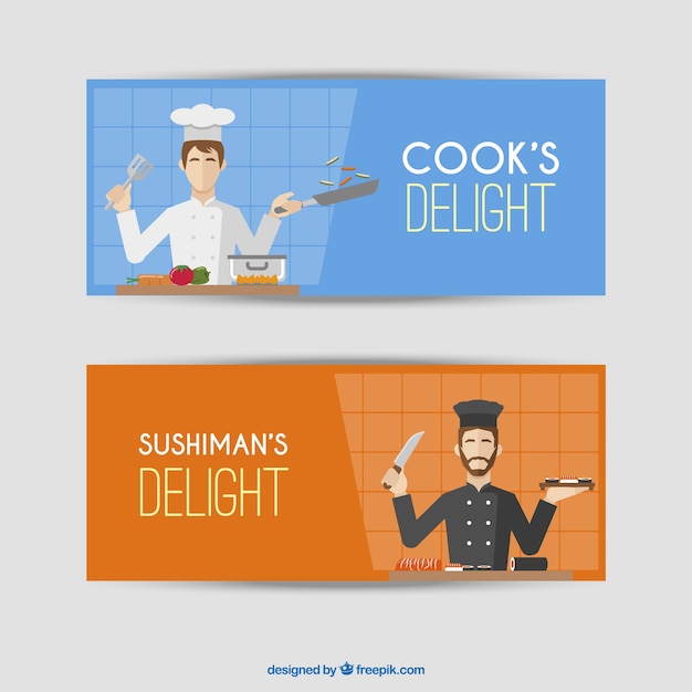 Vector gratuito set de dos banners de colores con chef