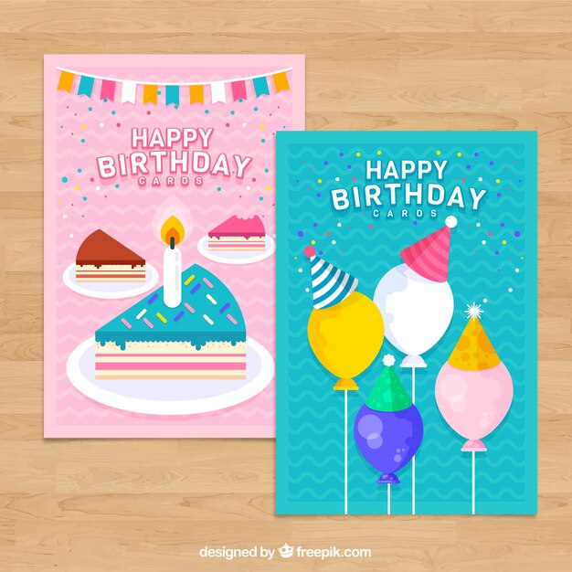 Set de dos tarjetas de cumpleaños en diseño plano