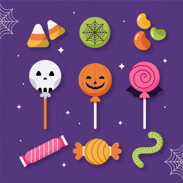 Set de dulces de halloween de diseño plano