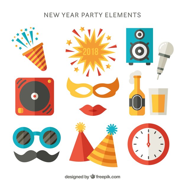 Set de elementos de año nuevo en diseño plano