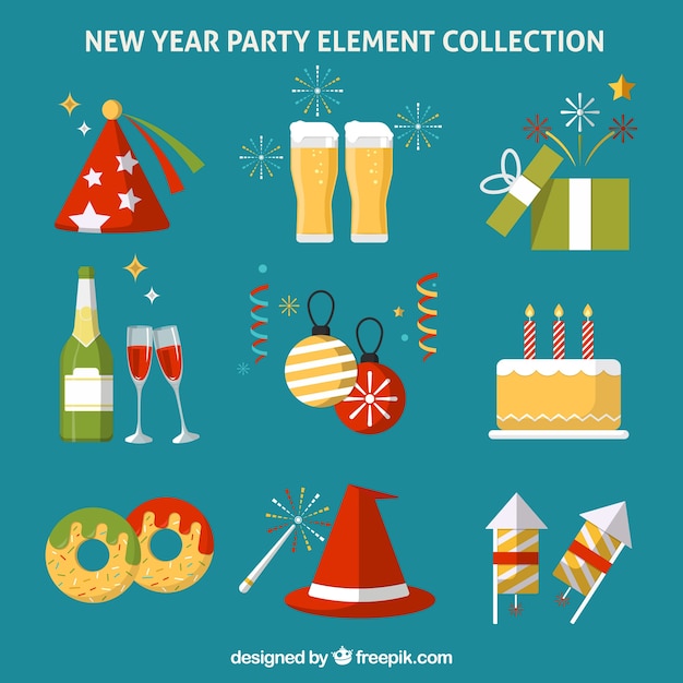 Vector gratuito set de elementos de año nuevo en diseño plano