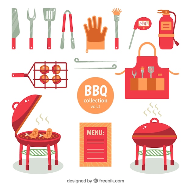 Set de elementos de barbacoa en estilo plano