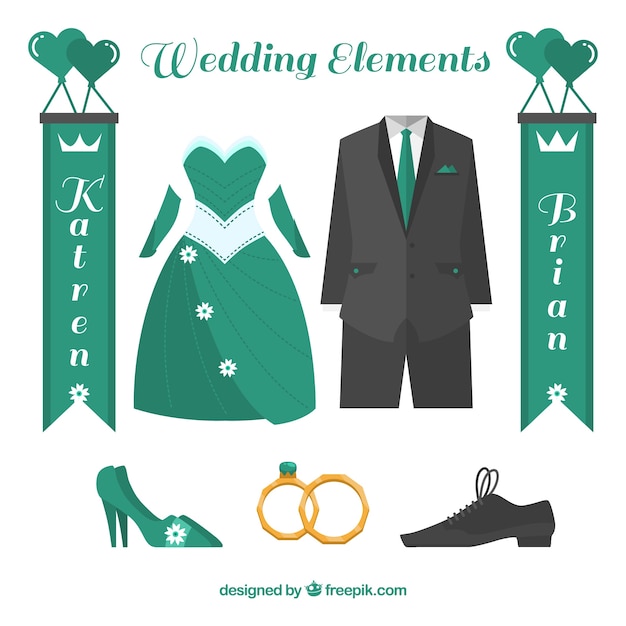 Vector gratuito set de elementos de boda verde en diseño plano