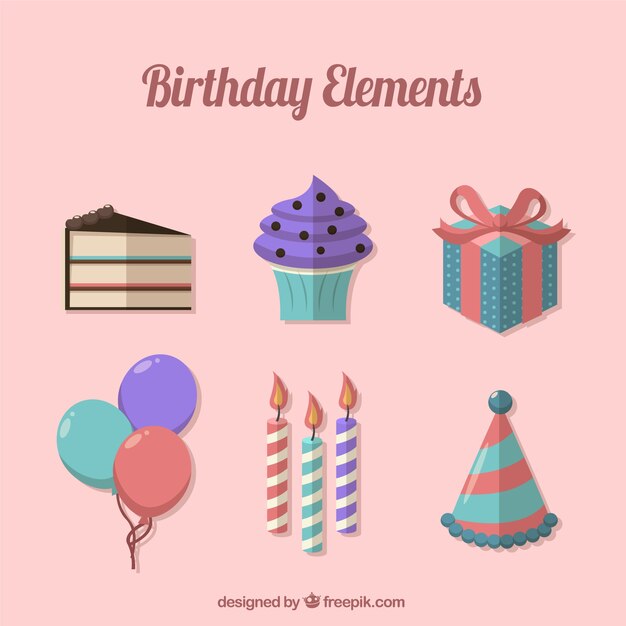 Set de elementos de cumpleaños en diseño plano 