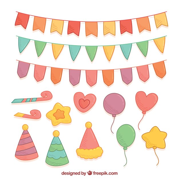 Set de elementos decorativos de fiesta dibujados a mano 
