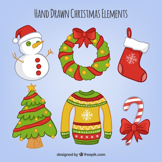 Set de elementos decorativos de navidad dibujados a mano