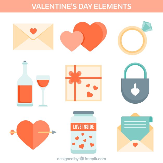 Set de elementos del día de san valentín en diseño plano