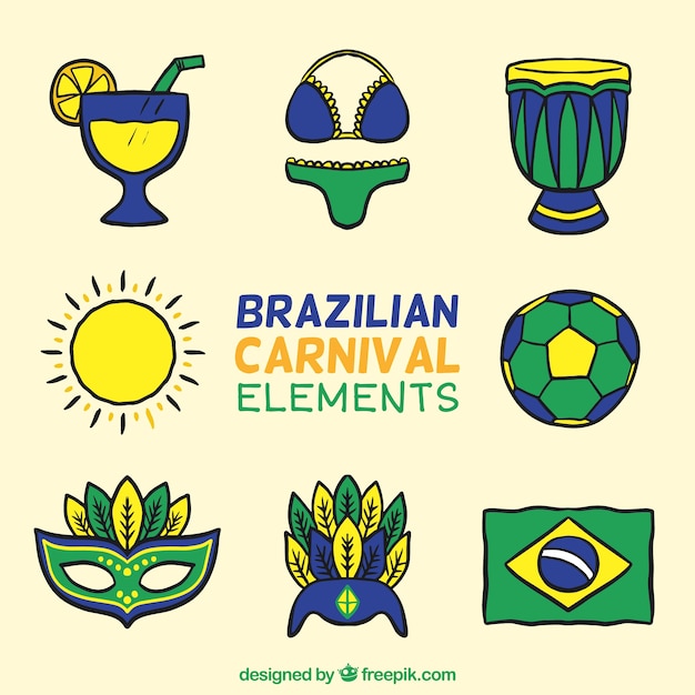 Set de elementos dibujados a mano del carnaval de brasil 