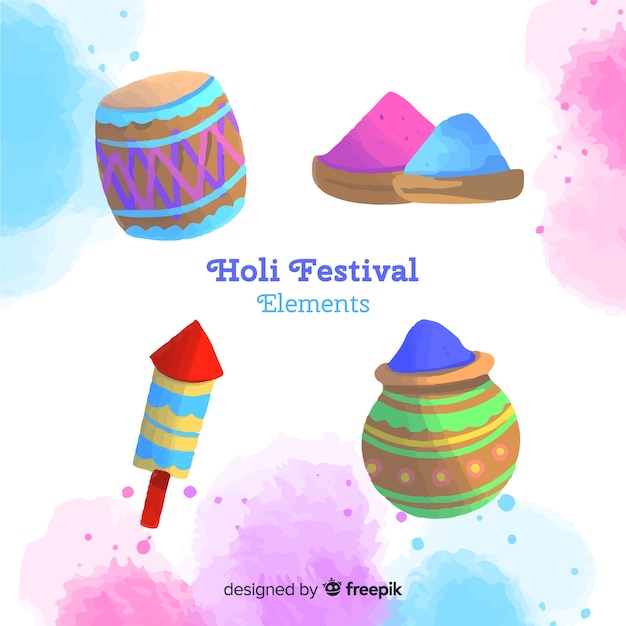 Set elementos festival holi coloridos