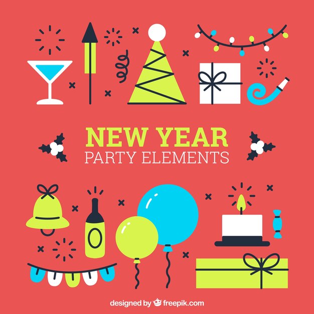 Set de elementos de fiesta de año nuevo en diseño plano