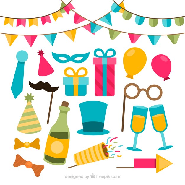 Set de elementos de fiesta de año nuevo en diseño plano  