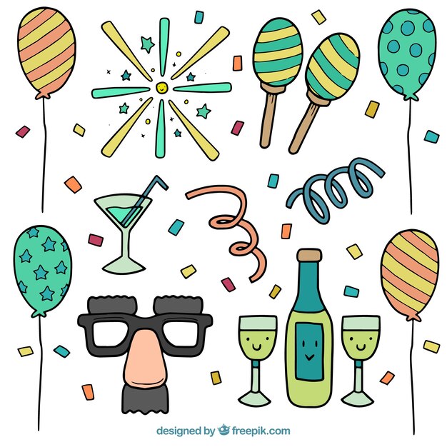 Set de elementos de fiesta y carnaval dibujados a mano