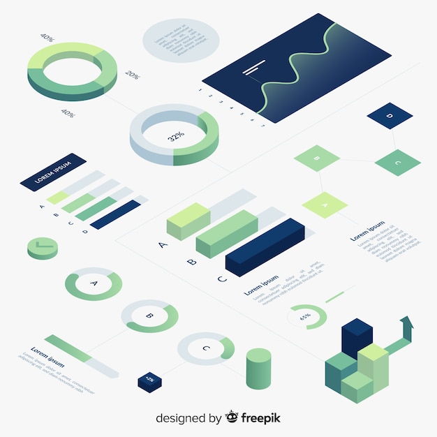 Set de elementos infográficos de estilo degradado con vista isométrica