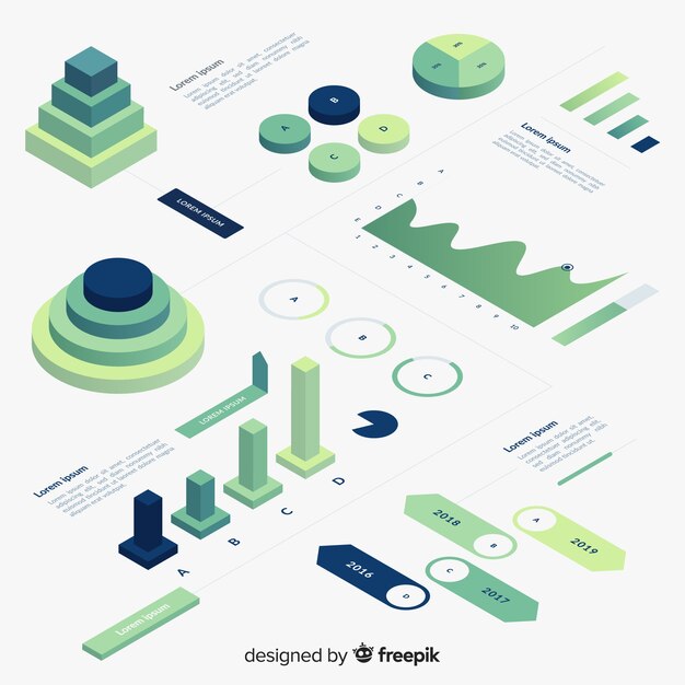 Set de elementos infográficos de estilo degradado con vista isométrica