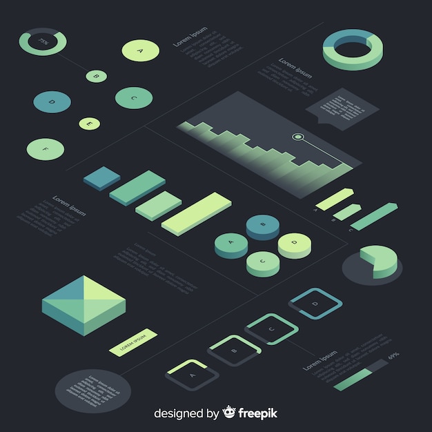 Set de elementos infográficos de estilo degradado con vista isométrica