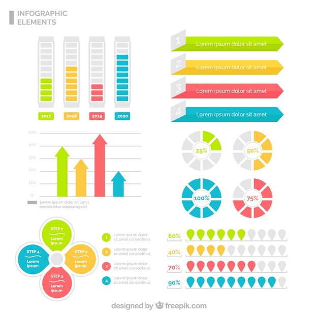 Set de elementos infográficos útiles en cuatro colores diferentes