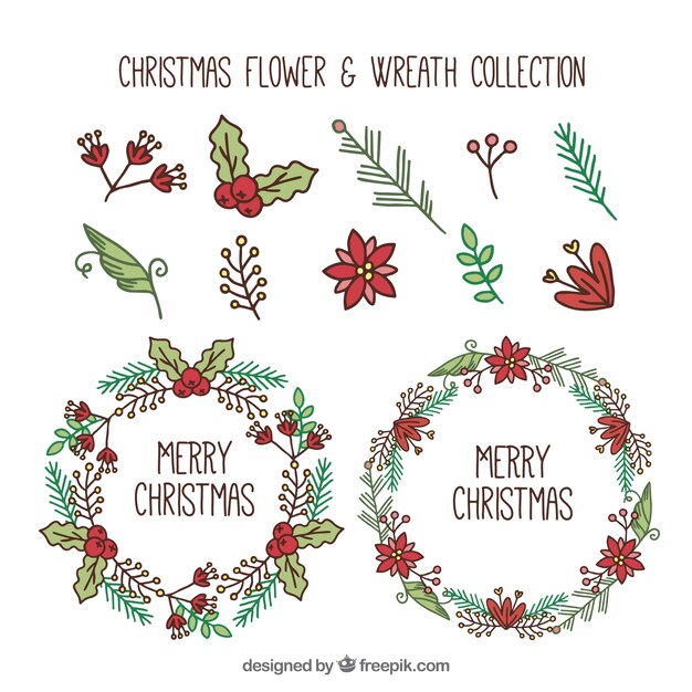 Set de elementos naturales dibujados a mano y coronas de navidad 