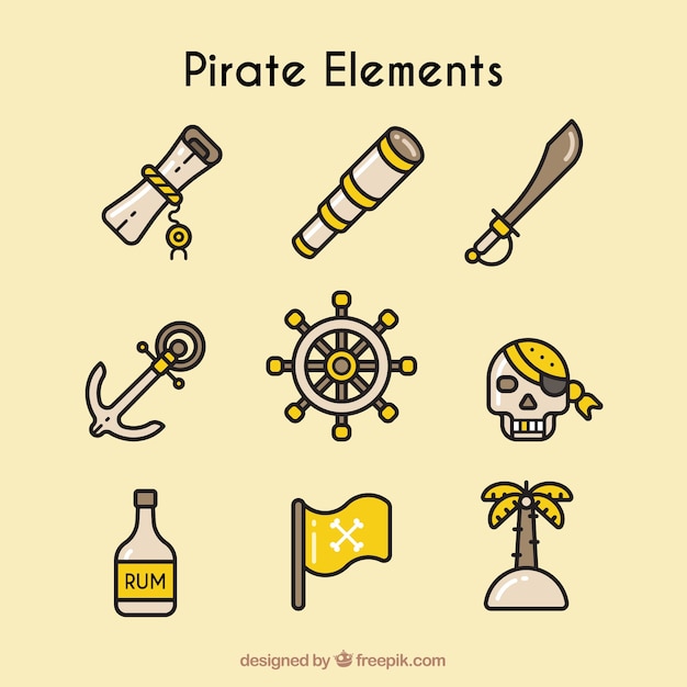 Vector gratuito set de elementos de pirata en estilo lineal